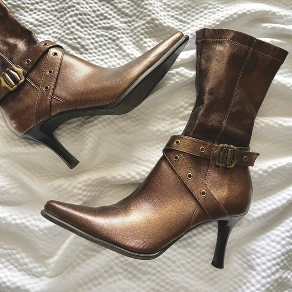Y2K Franco Sarto Bronze Grommet Pointy Kitten Heel Boots