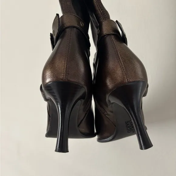 Y2K Franco Sarto Bronze Grommet Pointy Kitten Heel Boots