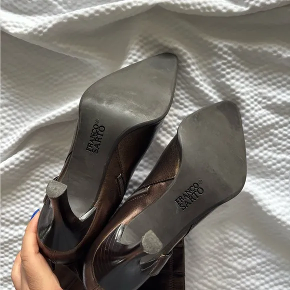 Y2K Franco Sarto Bronze Grommet Pointy Kitten Heel Boots