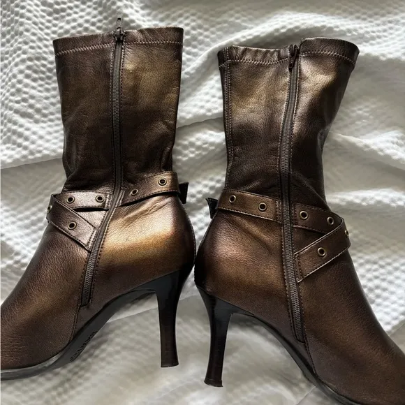 Y2K Franco Sarto Bronze Grommet Pointy Kitten Heel Boots