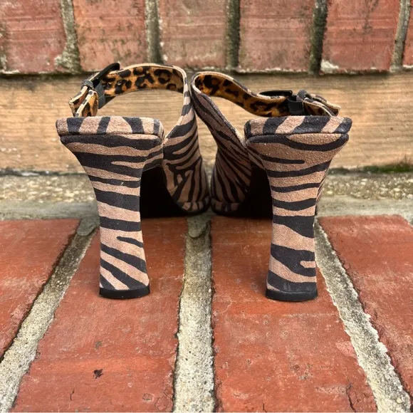 Y2K Via Spiga Tan &amp; Black Zebra Print Strappy Backless Heeled Sandals Size 8.5