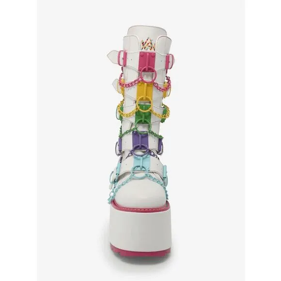 YRU Glitch White &amp; Rainbow Chain Kawaii Rave Platform Boots Size 10