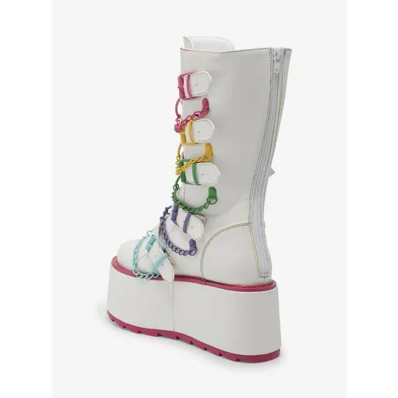 YRU Glitch White &amp; Rainbow Chain Kawaii Rave Platform Boots Size 10