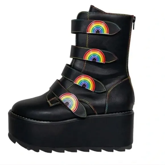 YRU Karma Rainbow Platform Black Vegan Boots Size 8