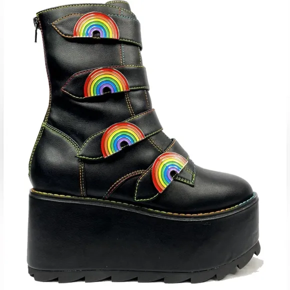 YRU Karma Rainbow Platform Black Vegan Boots Size 8