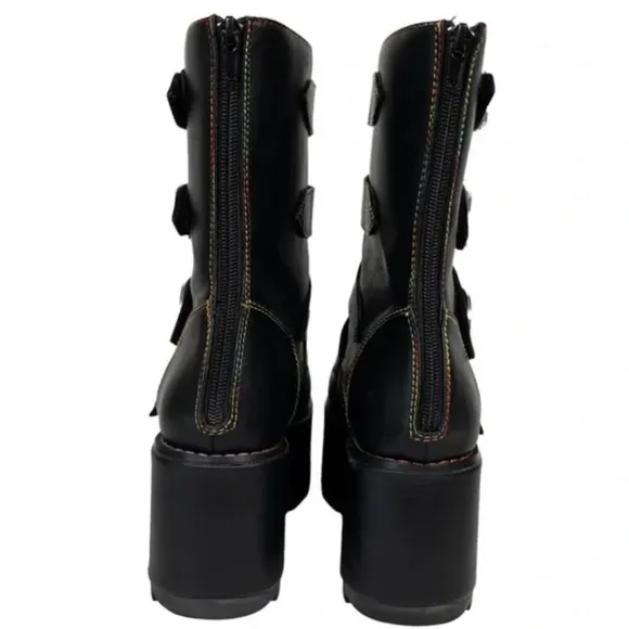 YRU Karma Rainbow Platform Black Vegan Boots Size 8
