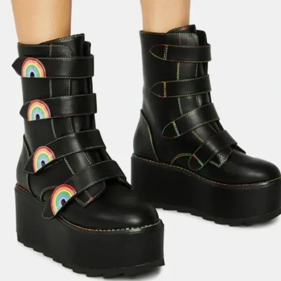 YRU Karma Rainbow Platform Black Vegan Boots Size 8