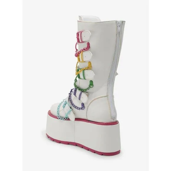 YRU Glitch White &amp; Rainbow Chain Kawaii Rave Platform Boots Size 7