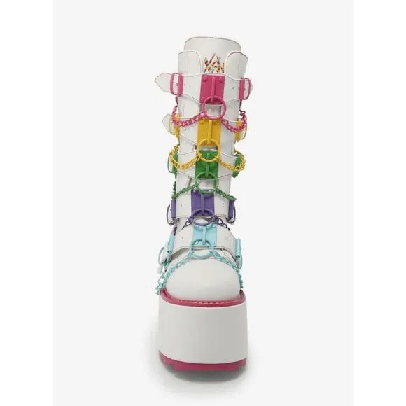 YRU Glitch White &amp; Rainbow Chain Kawaii Rave Platform Boots Size 7