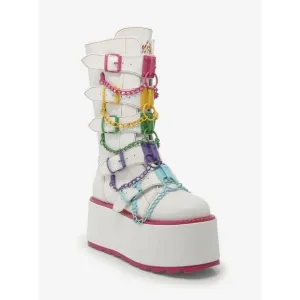 YRU Glitch White &amp; Rainbow Chain Kawaii Rave Platform Boots Size 7