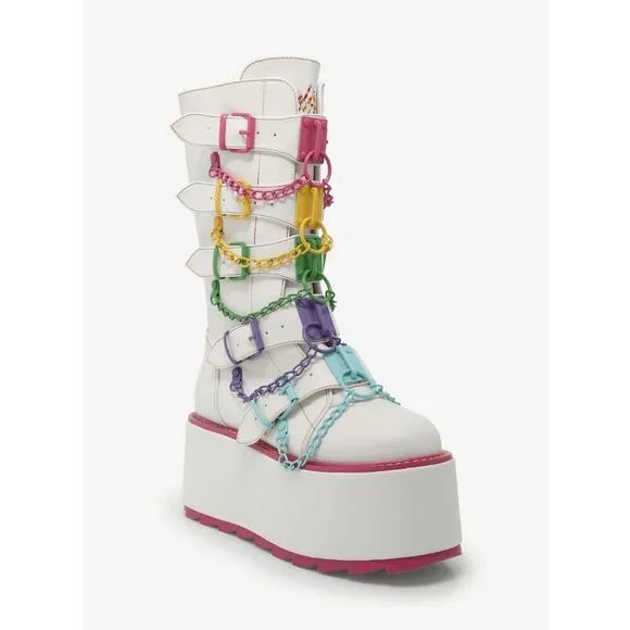 YRU Glitch White &amp; Rainbow Chain Kawaii Rave Platform Boots Size 7