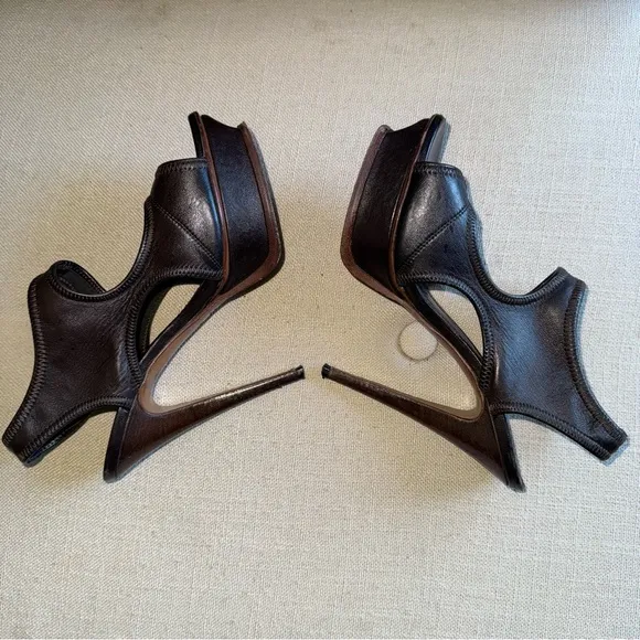 Yves Saint Laurent Leather Heels Sandals Platform Brown 7.5