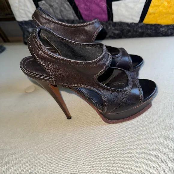 Yves Saint Laurent Leather Heels Sandals Platform Brown 7.5