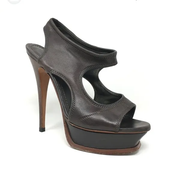Yves Saint Laurent Leather Heels Sandals Platform Brown 7.5