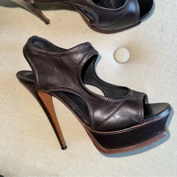 Yves Saint Laurent Leather Heels Sandals Platform Brown 7.5
