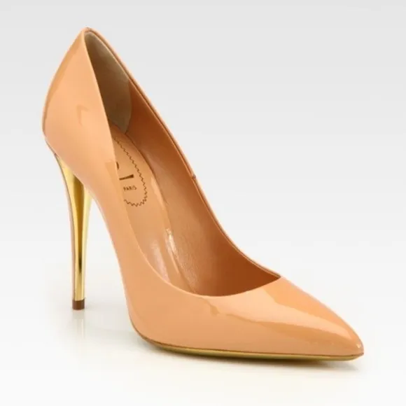 Yves Saint Laurent Paris YSL Beige Patent Pointed Pumps Sz 39 Nude Leather gold