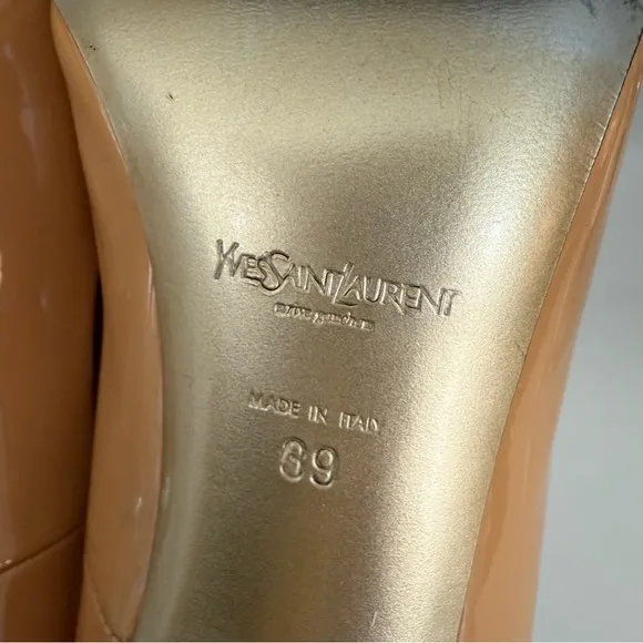 Yves Saint Laurent Paris YSL Beige Patent Pointed Pumps Sz 39 Nude Leather gold