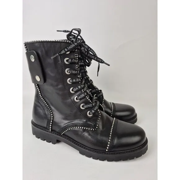 Zadig &amp; Voltaire Women&amp;#039;s Black Leather Joe Studded Combat Boots Size 40