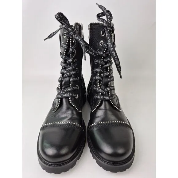 Zadig &amp; Voltaire Women&amp;#039;s Black Leather Joe Studded Combat Boots Size 40