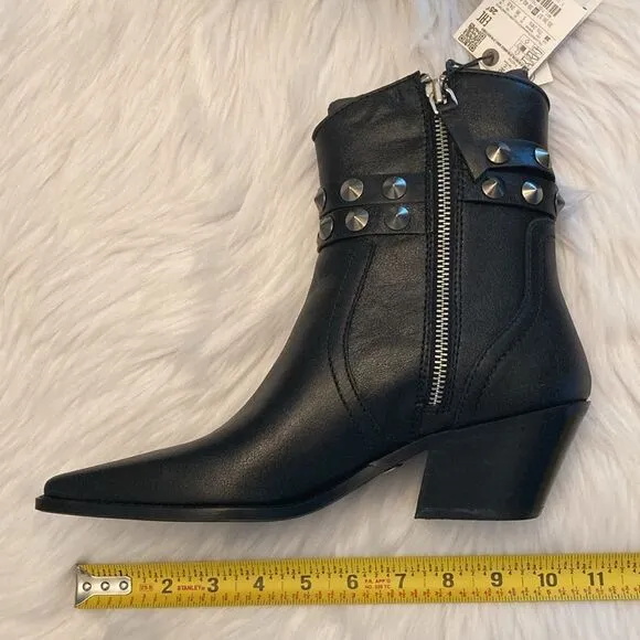Zara Black Leather Strap Cowboy Comfortable Block Heel Ankle Boots