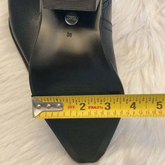 Zara Black Leather Strap Cowboy Comfortable Block Heel Ankle Boots
