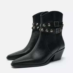 Zara Black Leather Strap Cowboy Comfortable Block Heel Ankle Boots