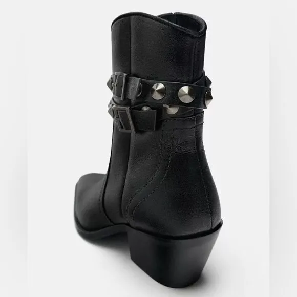 Zara Black Leather Strap Cowboy Comfortable Block Heel Ankle Boots