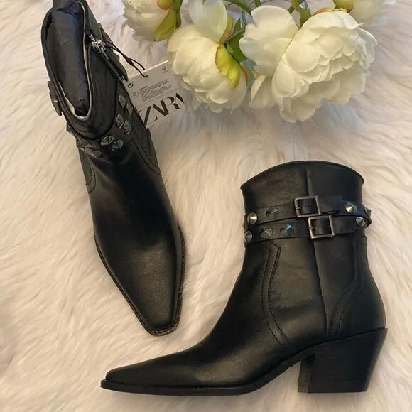 Zara Black Leather Strap Cowboy Comfortable Block Heel Ankle Boots