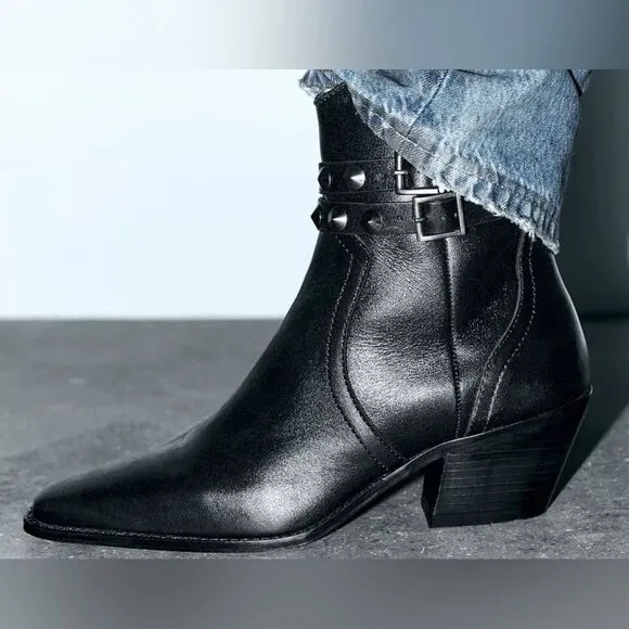 Zara Black Leather Strap Cowboy Comfortable Block Heel Ankle Boots