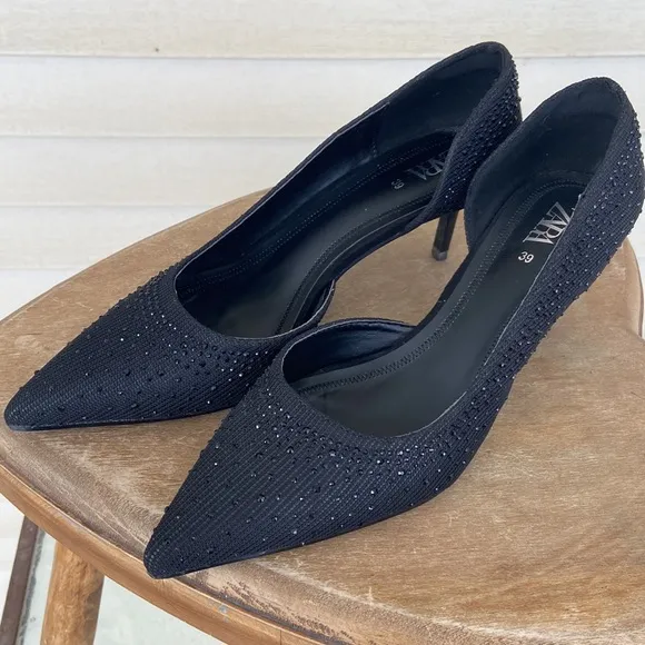 Zara Crystal Studded Stiletto Heel Shoes Women's Size EU 39 US 8