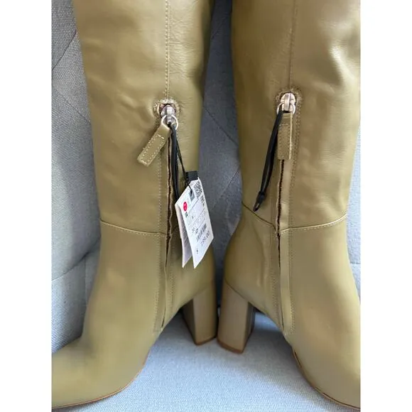 Zara High Leg Over the Knee Leather Block Heel Boots Khaki Sage Sz 6 New