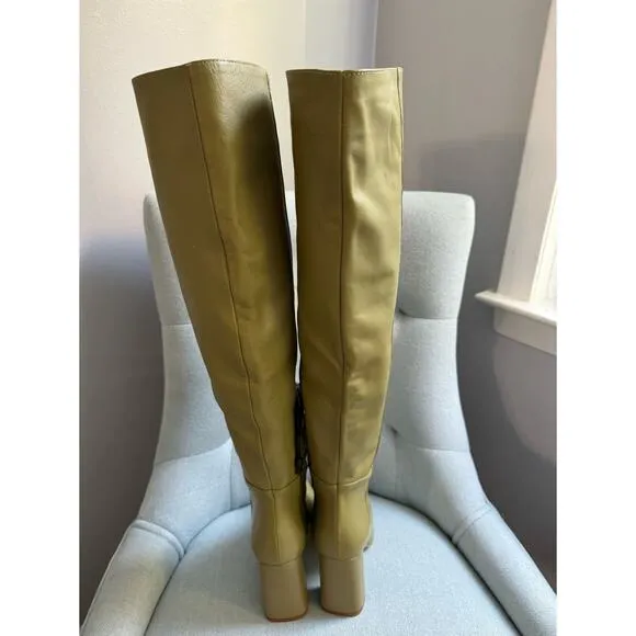 Zara High Leg Over the Knee Leather Block Heel Boots Khaki Sage Sz 6 New