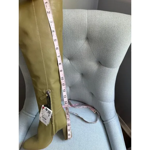 Zara High Leg Over the Knee Leather Block Heel Boots Khaki Sage Sz 6 New