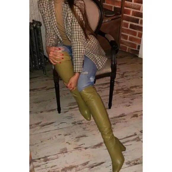 Zara High Leg Over the Knee Leather Block Heel Boots Khaki Sage Sz 6 New