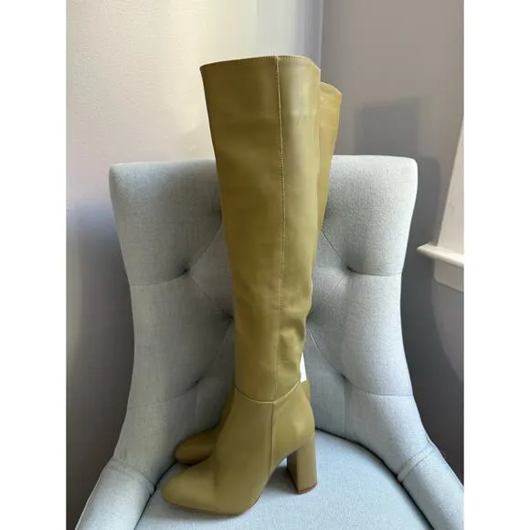 Zara High Leg Over the Knee Leather Block Heel Boots Khaki Sage Sz 6 New