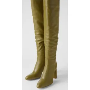 Zara High Leg Over the Knee Leather Block Heel Boots Khaki Sage Sz 6 New
