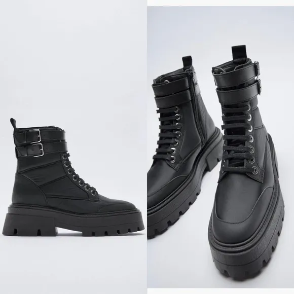 Zara Lace up Chunky Lug Sole Nylon Padded Low Heel Zip Ankle Black Buckle Boots