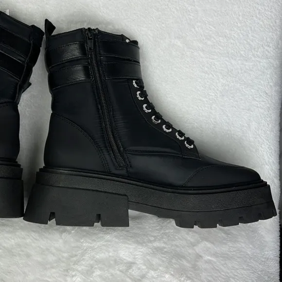 Zara Lace up Chunky Lug Sole Nylon Padded Low Heel Zip Ankle Black Buckle Boots