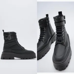 Zara Lace up Chunky Lug Sole Nylon Padded Low Heel Zip Ankle Black Buckle Boots