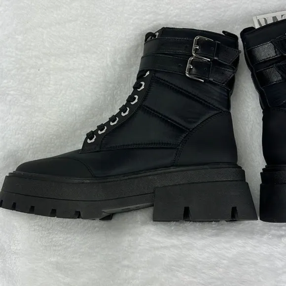 Zara Lace up Chunky Lug Sole Nylon Padded Low Heel Zip Ankle Black Buckle Boots