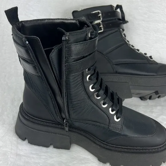 Zara Lace up Chunky Lug Sole Nylon Padded Low Heel Zip Ankle Black Buckle Boots
