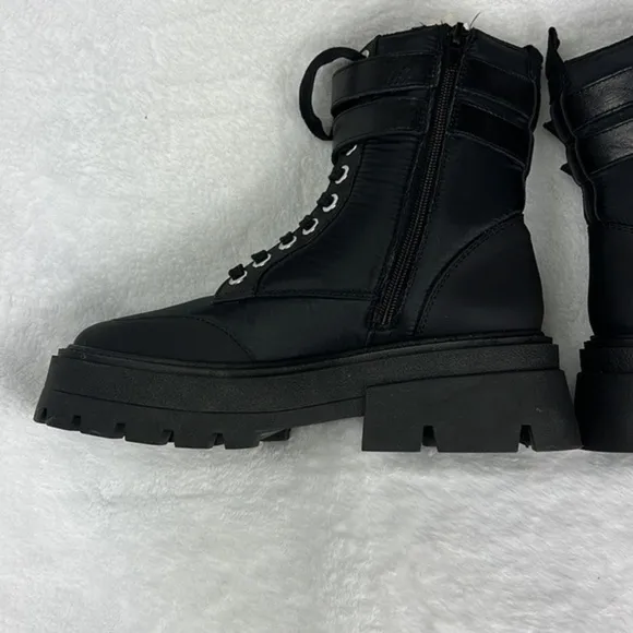 Zara Lace up Chunky Lug Sole Nylon Padded Low Heel Zip Ankle Black Buckle Boots