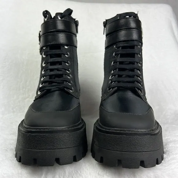 Zara Lace up Chunky Lug Sole Nylon Padded Low Heel Zip Ankle Black Buckle Boots