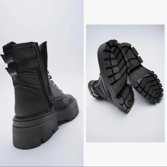 Zara Lace up Chunky Lug Sole Nylon Padded Low Heel Zip Ankle Black Buckle Boots