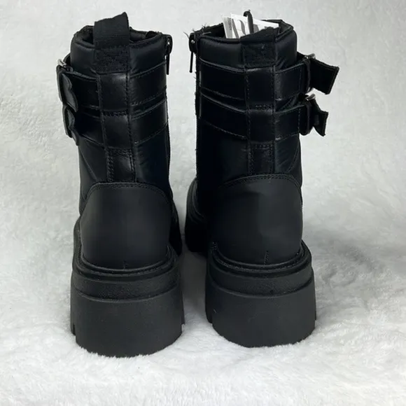Zara Lace up Chunky Lug Sole Nylon Padded Low Heel Zip Ankle Black Buckle Boots