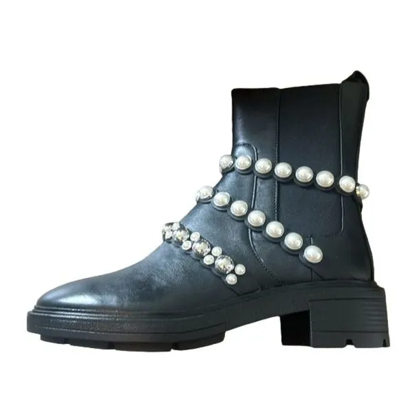 Zara Leather Ankle Boots with Pearls Accents 2128/612/040 Blak Size 7.5 NEW