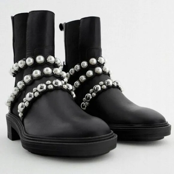 Zara Leather Ankle Boots with Pearls Accents 2128/612/040 Blak Size 7.5 NEW