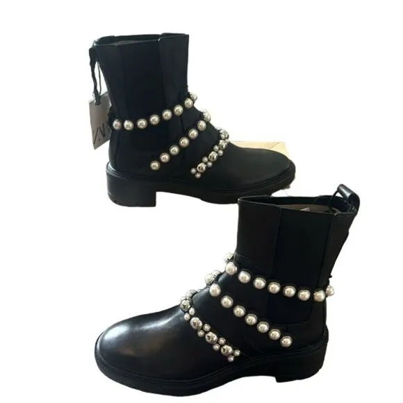 Zara Leather Ankle Boots with Pearls Accents 2128/612/040 Blak Size 7.5 NEW