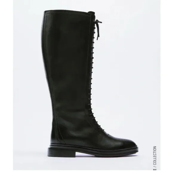 ZARA LEATHER LOW HEEL LACE UP BOOTS SIZE 5/6