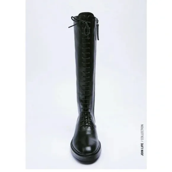 ZARA LEATHER LOW HEEL LACE UP BOOTS SIZE 5/6